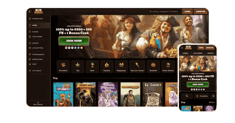 Collage di schermate fatpirate casino con slot, cassa e area conto